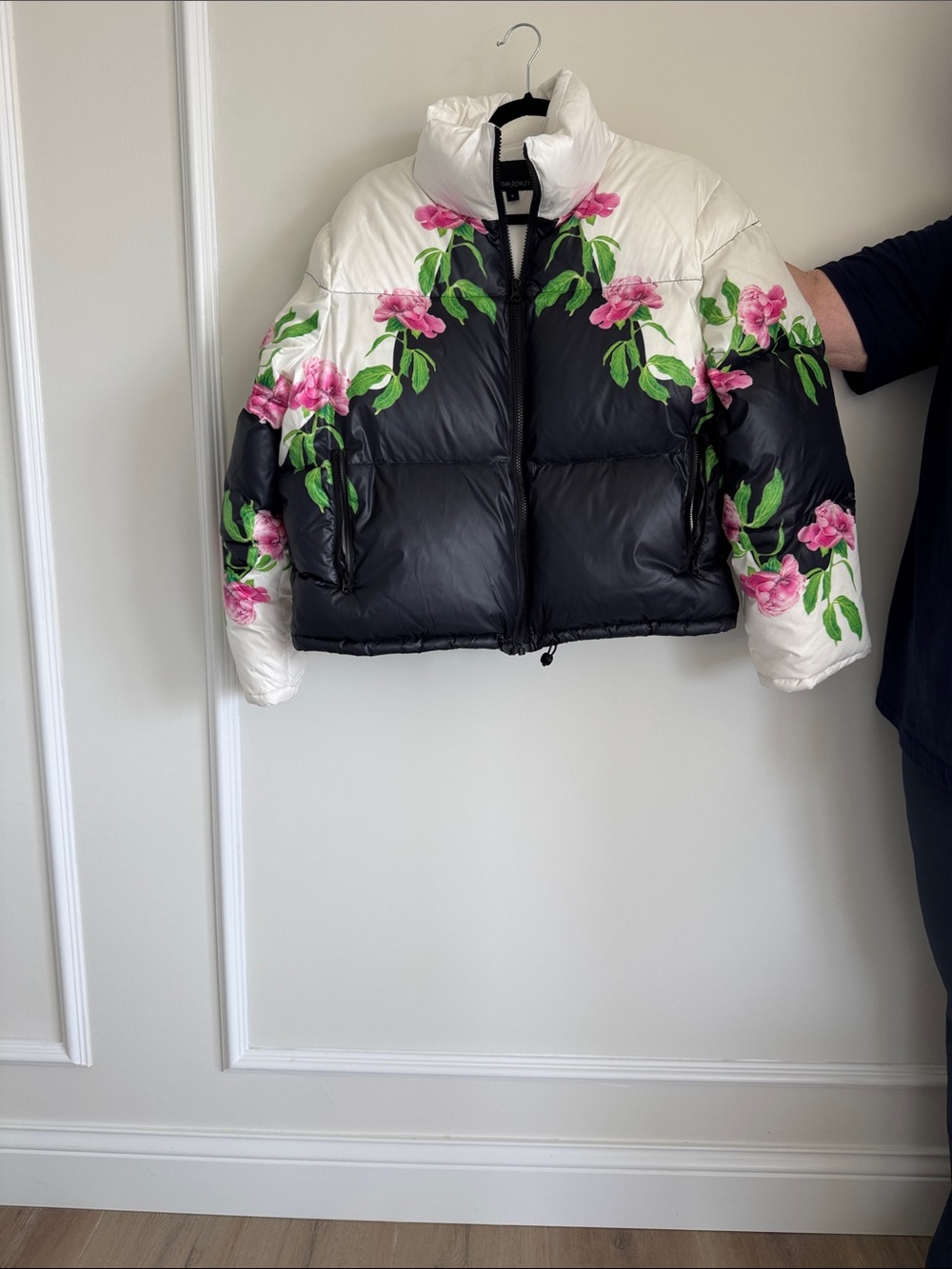 Floral Colorblock Puffer Jacket - Black & White with Pink Blossoms